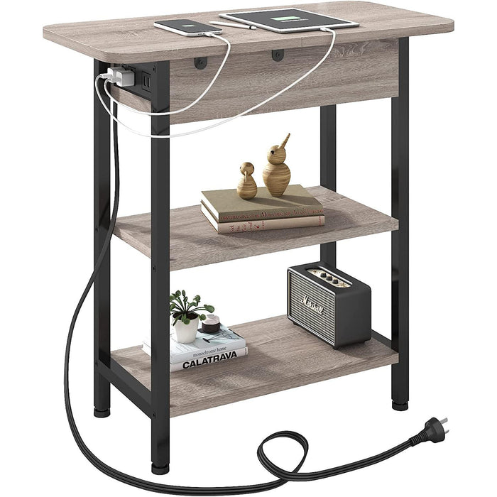 End Table with Charging Station, Flip Top Side Table for Small Spaces, Greige