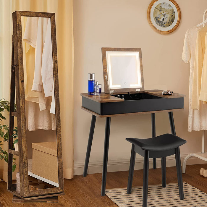 Rustic Brown Vanity Desk with Lighted Flip Top Mirror