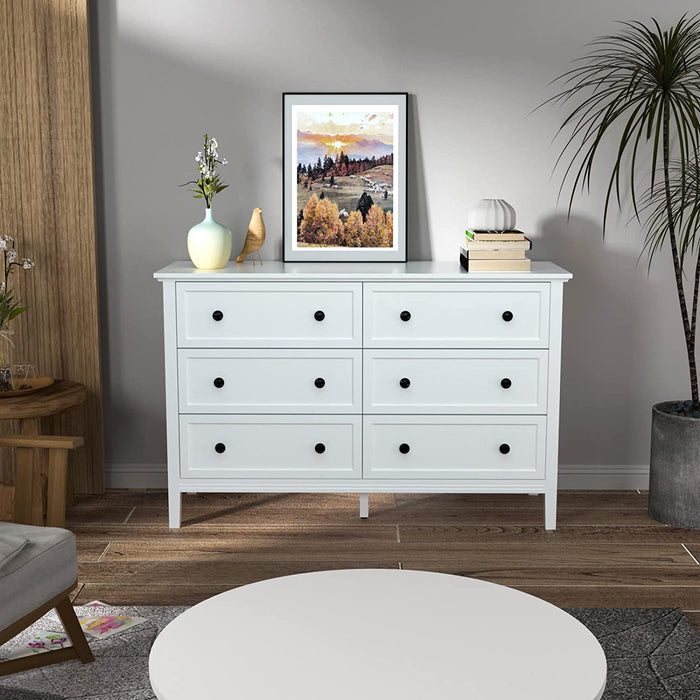 Modern White 6-Drawer Dresser with Metal Handles