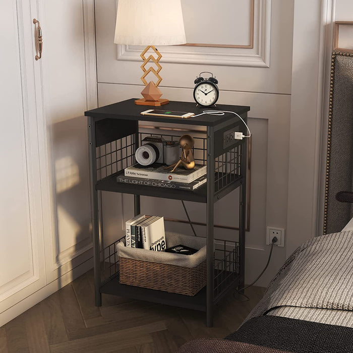 Black Small Nightstand with Charging Station