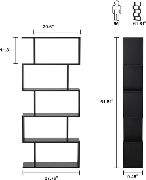 Modern S-Shaped Black Bookcase for Multifunctional Storage