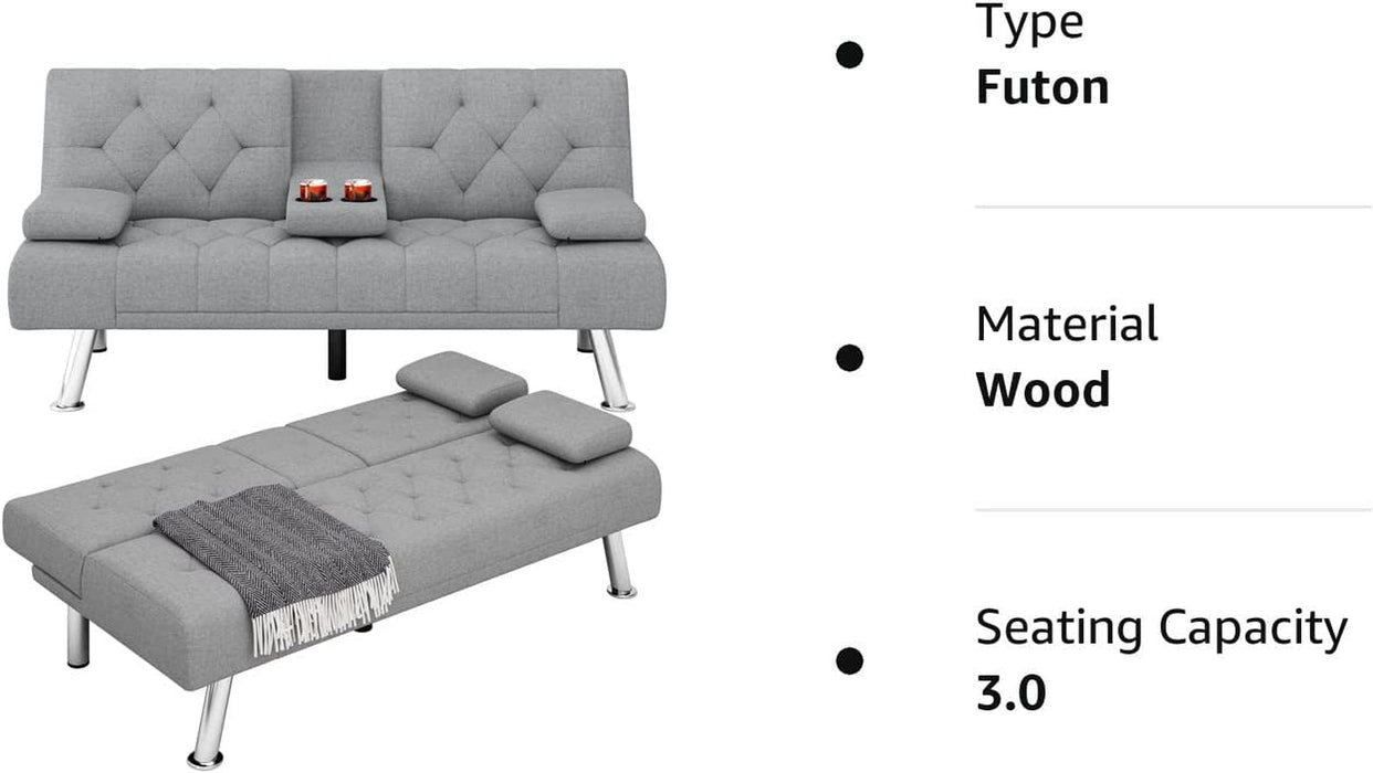 Convertible Futon Sofa Bed with Cupholders, Grey