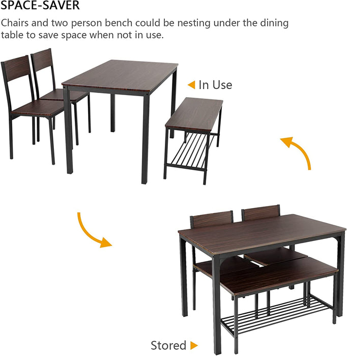 Rustic Oak Dining Table Set for 4 with Bench and Chairs