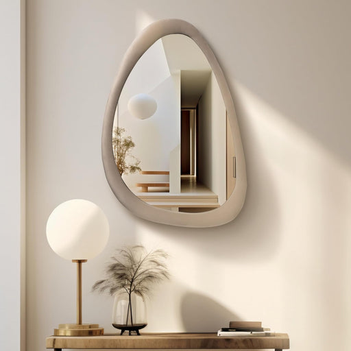 47"X30" Asymmetric Full Length Irregular Mirror, Velvet Wrapped Framed, Wavy Decorative Mirror for Livingroom Bedroom Entryway Vanity, Wall Mounted, Cream, ROSA