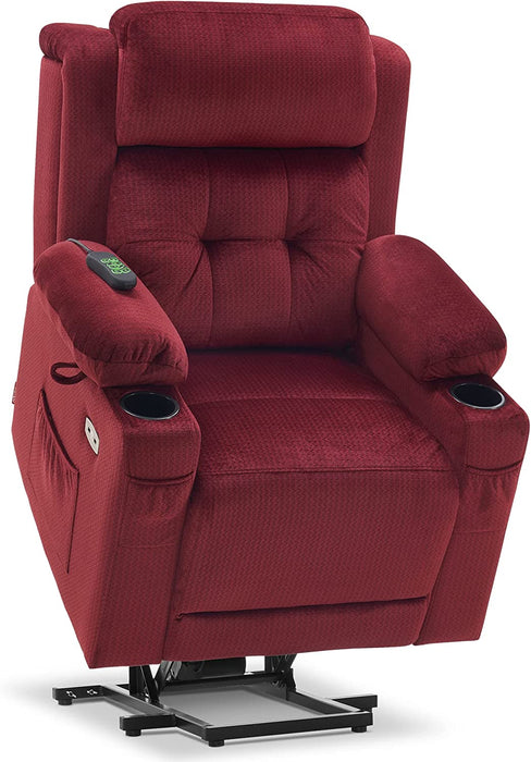 Lay Flat Lift Recliner with Power Headrest, Massage and Heat, Fabric, Burgundy, Small