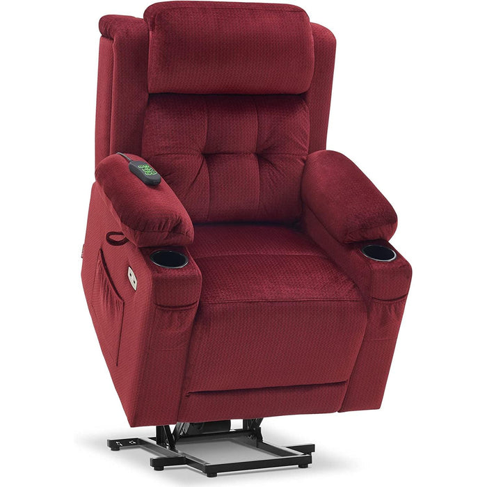 Lay Flat Lift Recliner with Power Headrest, Massage and Heat, Fabric, Burgundy, Small