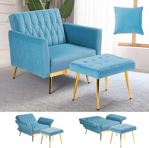 Adjustable Velvet Armchair with Ottoman, Baby Blue