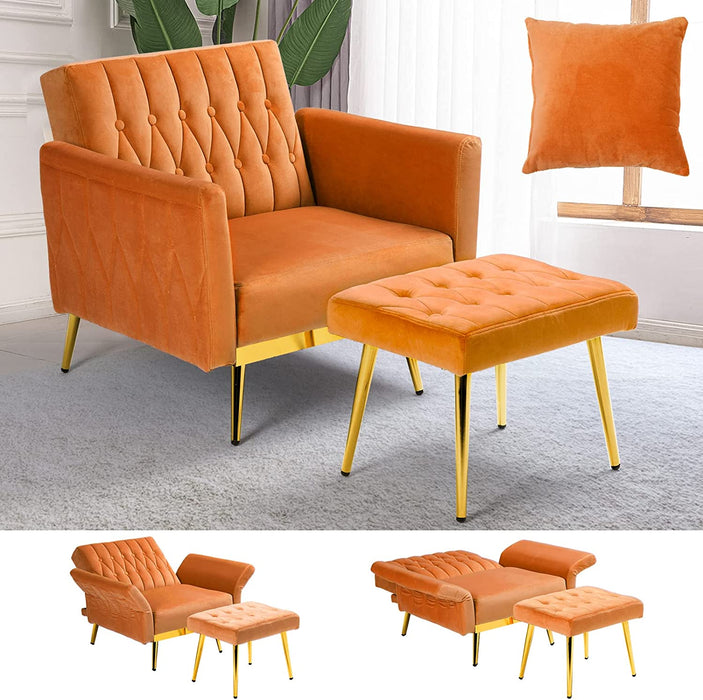 Velvet Accent Chair with Adjustable Armrests, Orange