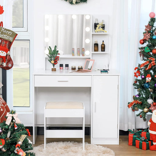 White Vanity Table Set with Lighted Mirror