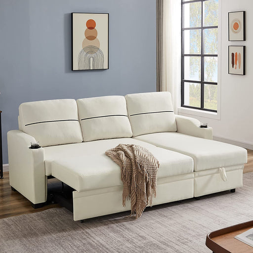 Beige Convertible Sectional Sofa with Pull-Out Bed