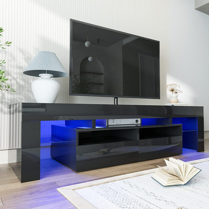 Modern Black LED TV Stand with Drawer and Glass Shelf