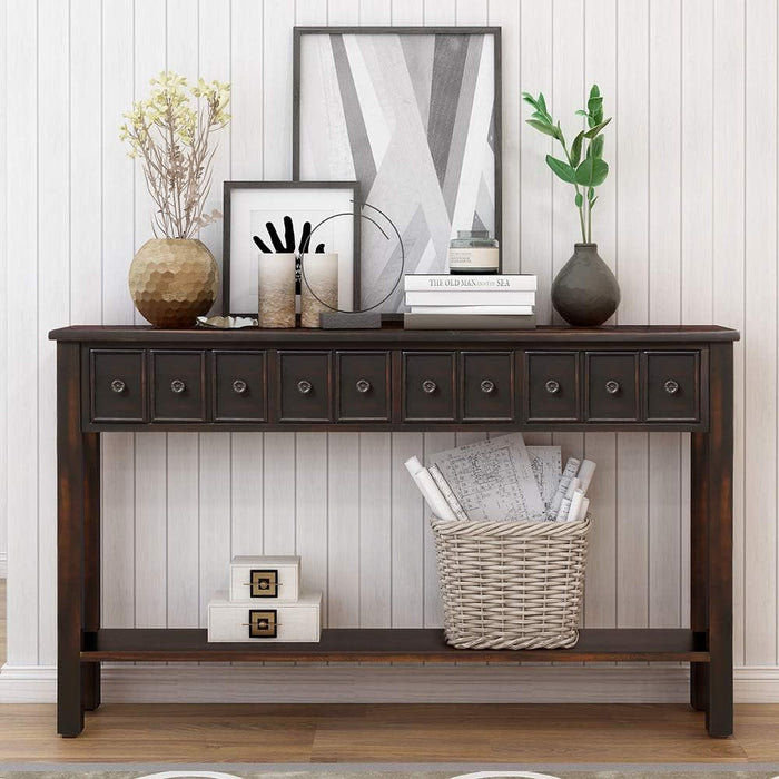 Rustic Console Table with Drawers and Shelf