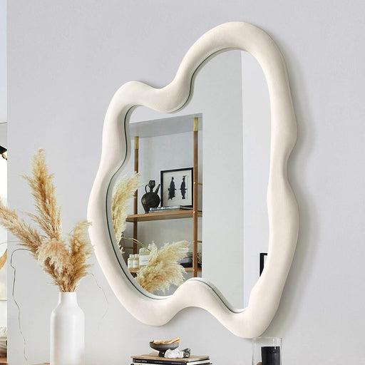 Irregular Wall Mirror, 28"X 36" Beige Wavy Mirror, Wood Framed Asymmetrical Decorative Mirrors, Modern Wall Mirror for Bedroom Living Room Entryway