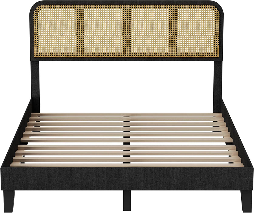 Black Rattan Wooden Queen Platform Bed Frame W/ Adjustable Headboard