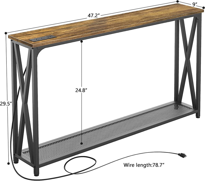 Industrial Farmhouse Sofa Table with Power Strip