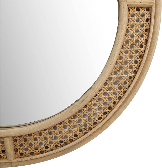 Round Rattan Wall Mirror with Wooden Framed, Modern Boho Decorative Mirror for Bathroom, Entry, Living Room, Bedroom, 24 Inch