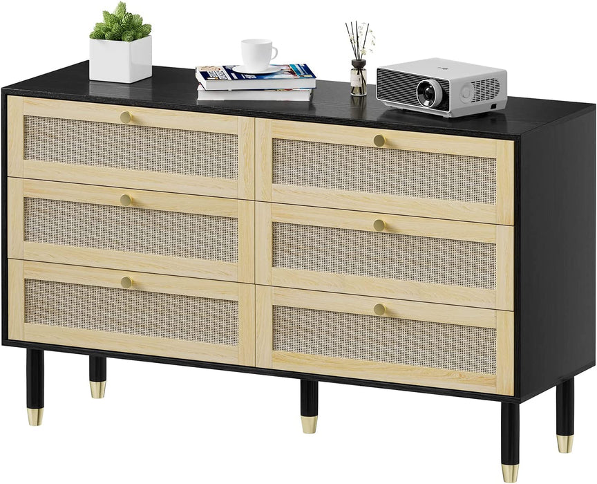 Black Rattan 6-Drawer Tall Dresser for Bedroom