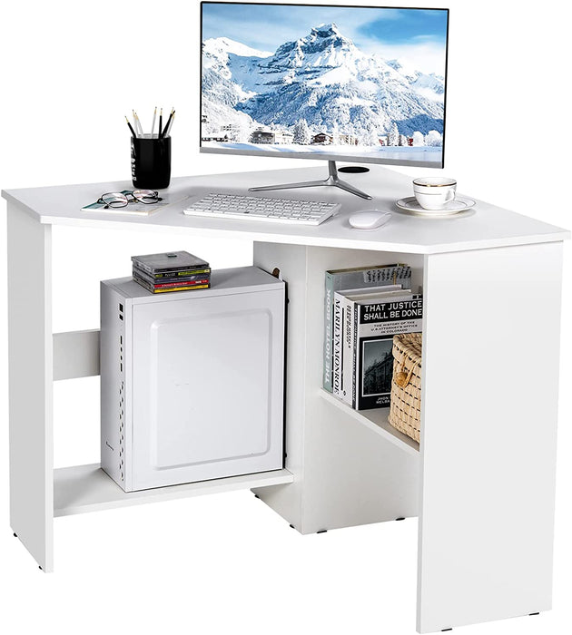 Compact White Corner Desk with Storage Shelves