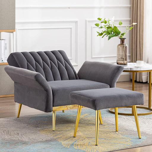 Grey Velvet Accent Chair with Ottoman and Armrests