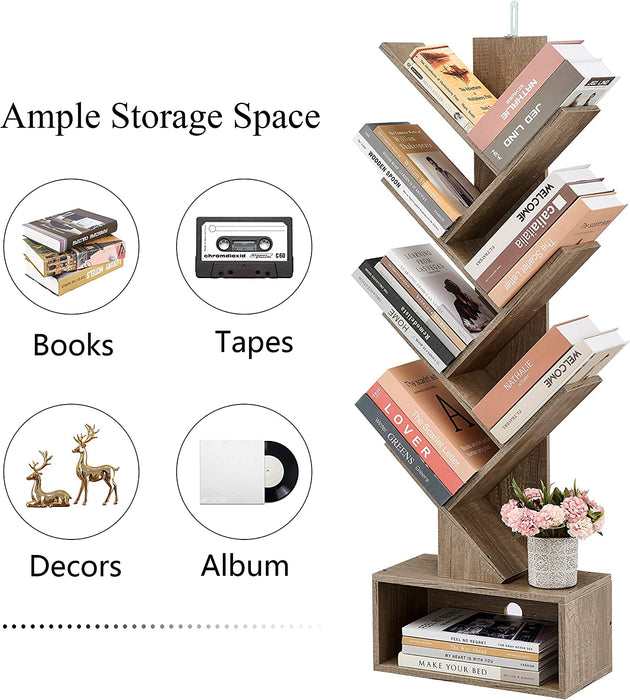 Modern 6-Tier Bookshelf with Drawer in Greige