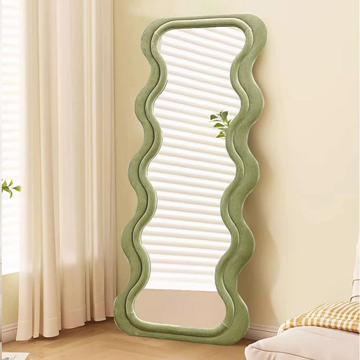 Irregular Full Length Mirror, 63" X 24", Flannel Wrapped Wooden Frame, Irregular Wavy Wall Mirror for Cloakroom/Bedroom/Living Room, Green