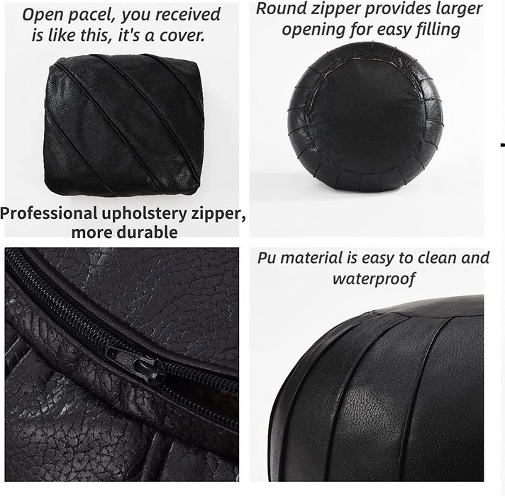 Black Faux Leather Unstuffed Pouf Ottoman