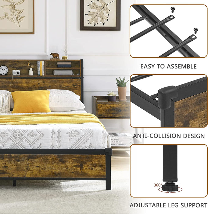 Full Metal Platform Bed Frame with Bookcase Headboard