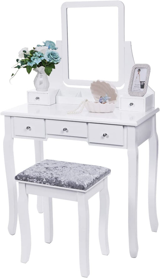 White Vanity Set with Mirror & Cushioned Stool