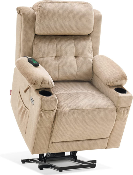 Lay Flat Lift Recliner with Power Headrest, Massage and Heat, Fabric, Beige, Small