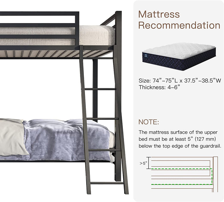 Twin Metal Bunk Bed W/ Guardrail & Ladder, Black