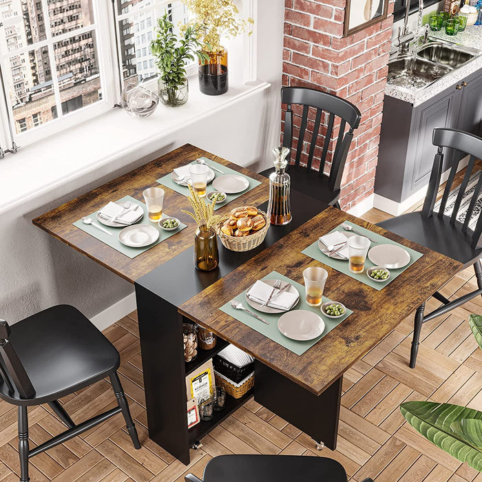 Folding Dining Table with 6 Wheels, Rustic Brown