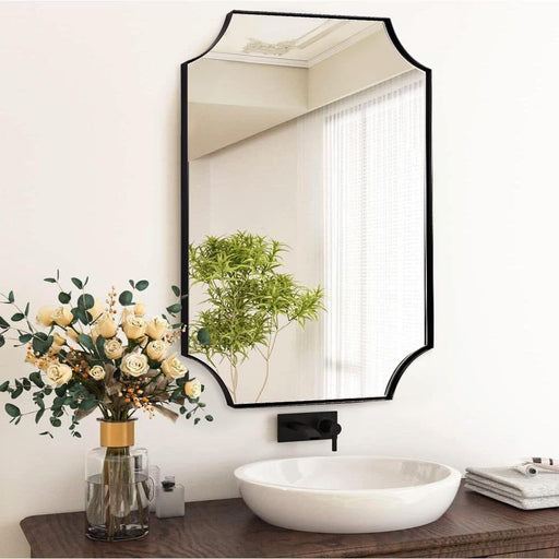 Black Vanity Mirror, Irregular Wall Mirror, 24X36 Bathroom Mirror, Matte Black Asymmetrical Mirror, Scalloped Mirror in Stainless Steel Metal Frame Wall Mount Hangs Vertical or Horizontal