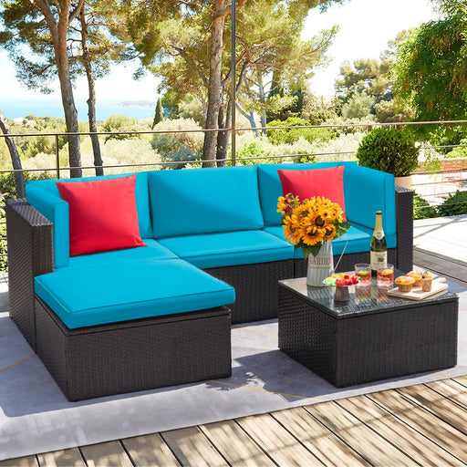 5 Pieces Patio Sectional Set Outdoor Rattan Sofa with Glass Table, Blue