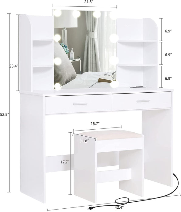 Large Vanity Set with Lighted Mirror, Charging Station (White)