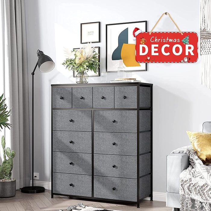 Gray Fabric 12-Drawer Tall Dresser with Wooden Top