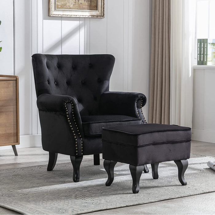 Black Velvet Wingback Chair with Ottoman Set