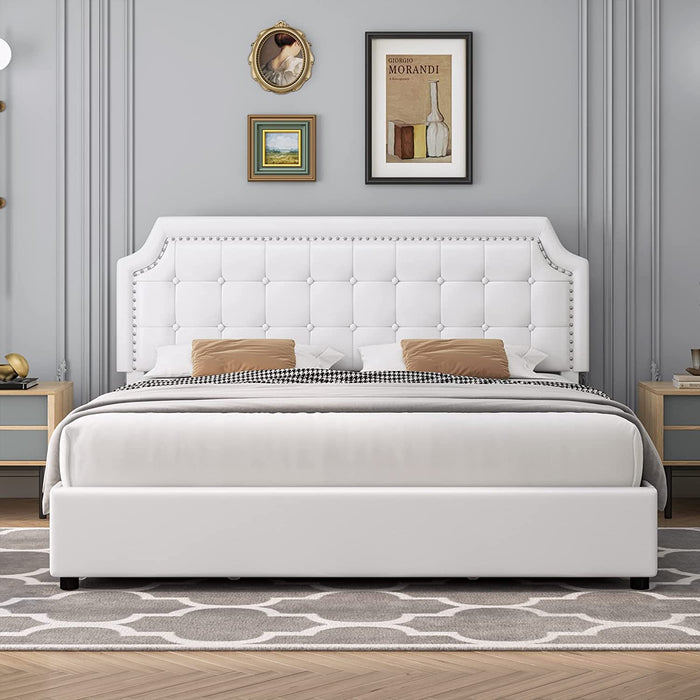 Off White Full Size Button Tufted Platform Bed