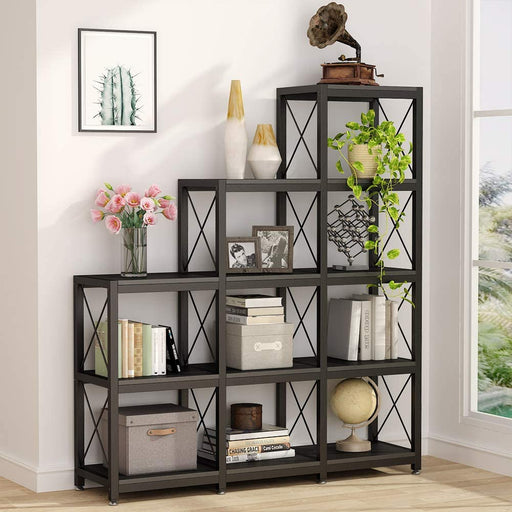 Rustic Industrial 5-Tier Bookshelf with Ladder