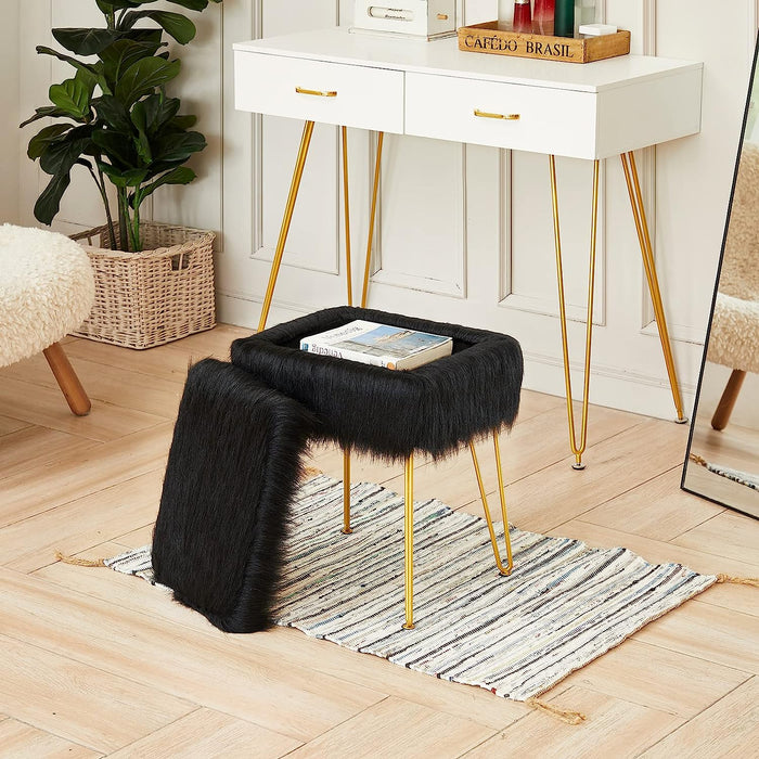 Fuzzy Black Ottoman with Gold Legs