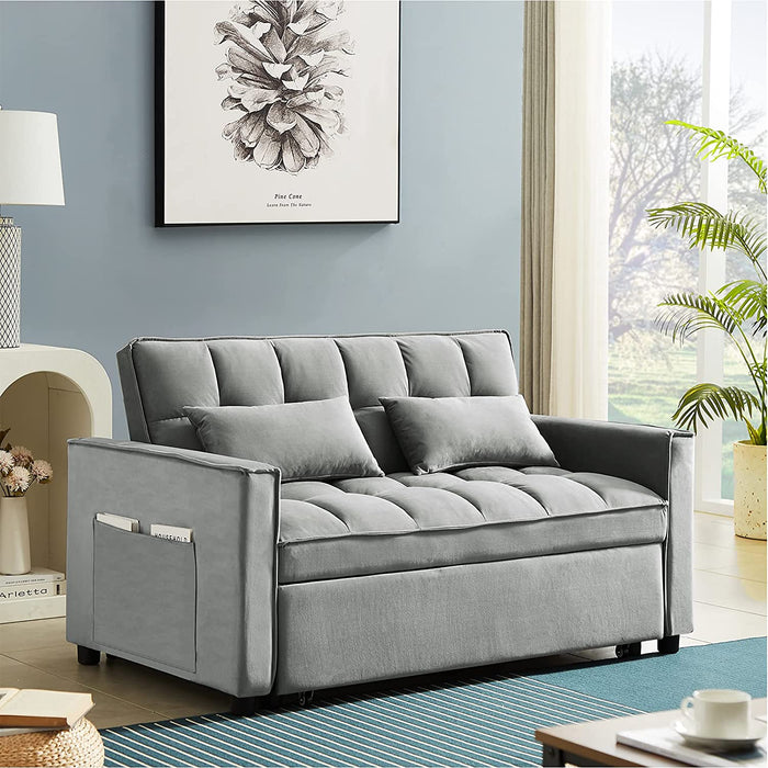 3 in 1 Convertible Sleeper Sofa Bed, Modern Velvet Loveseat Futon Sofa Couch W/Pullout Bed, Small Love Seat Lounge Sofa W/Reclining Backrest, Toss Pillows, Pockets, Furniture for Living Room, Grey