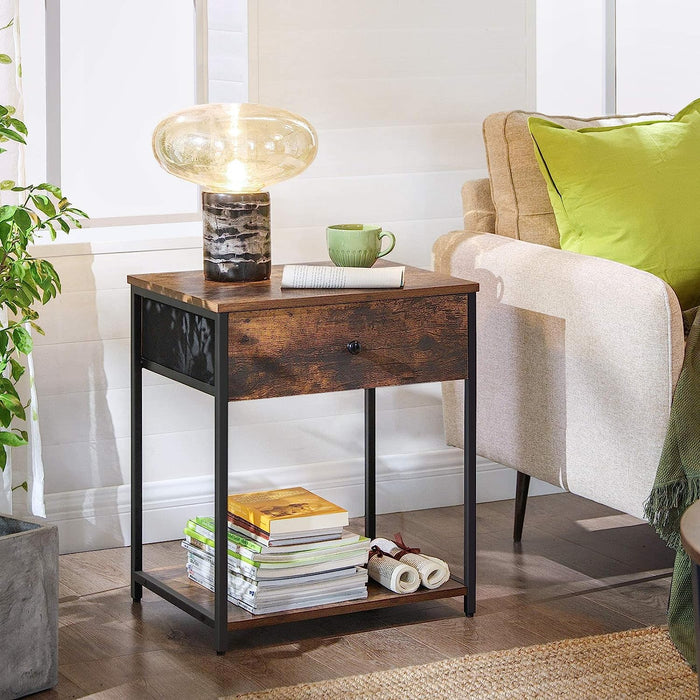 Rustic Brown and Black Nightstand with Drawer and Shelves