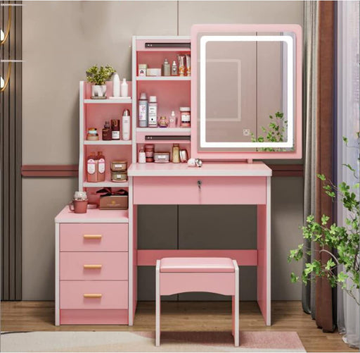 Lighted Vanity Set with Drawers, Shelves & Stool (Pink)