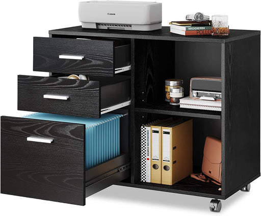 Black Wood File Cabinet with Printer Stand