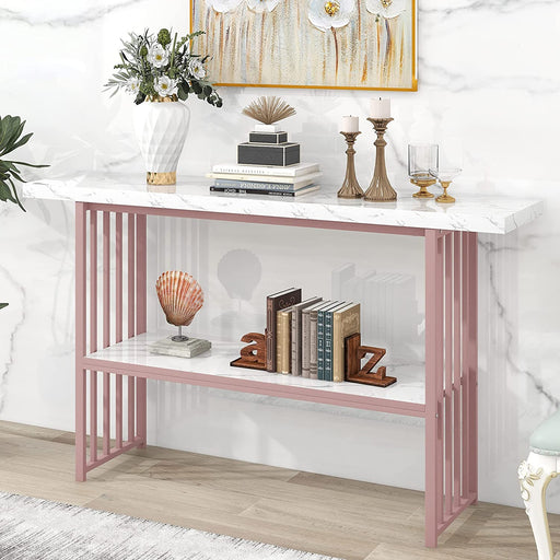 Pink Metal and Marble Console Table with Storage