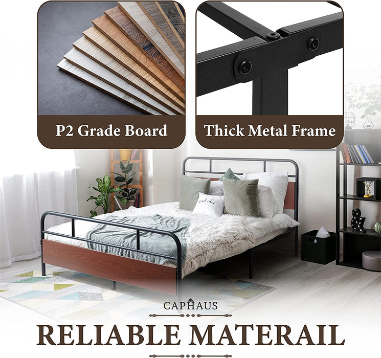 Round Corner Metal Bed Frame with Wood Headboard, Walnut