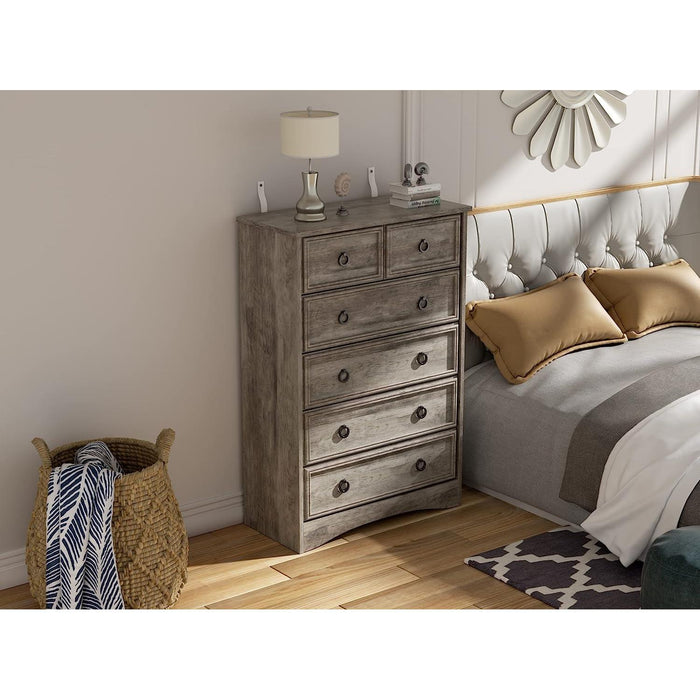 Gray Wash Tall Dresser with 6 Drawers for Bedroom Storage
