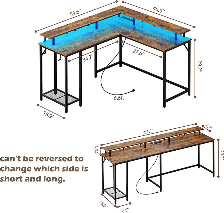 Rustic Brown L-Shaped Gaming Desk with LED Lights