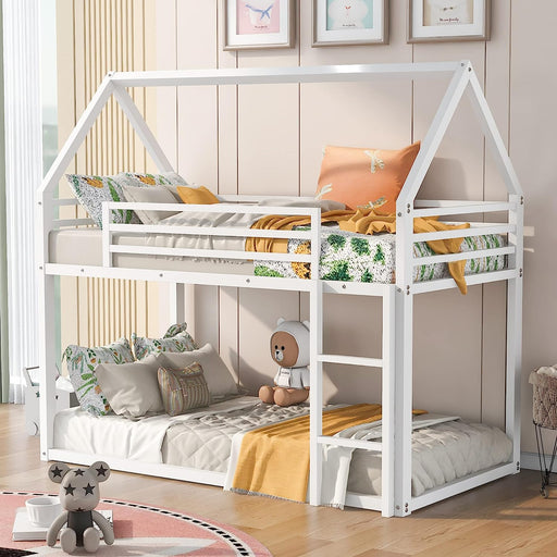 House-Shaped Metal Bunk Bed Twin over Twin, Guardrail, White