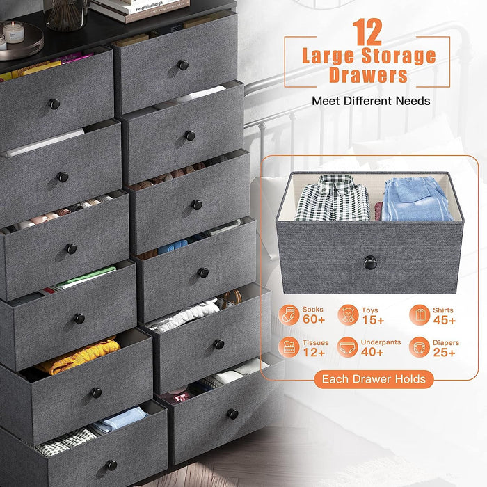 12-Drawer Fabric Dresser with Wooden Top and Metal Frame