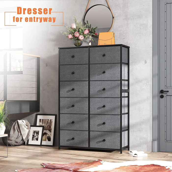 12-Drawer Fabric Dresser with Wooden Top and Metal Frame